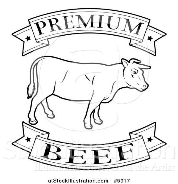 Vector Illustration of a Black and White Premium Beef Food Banners and Cow