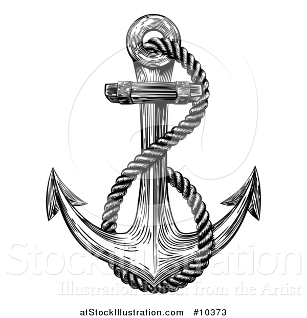 Vector Illustration of a Black and White Retro Woodcut or Engraved Anchor and Rope