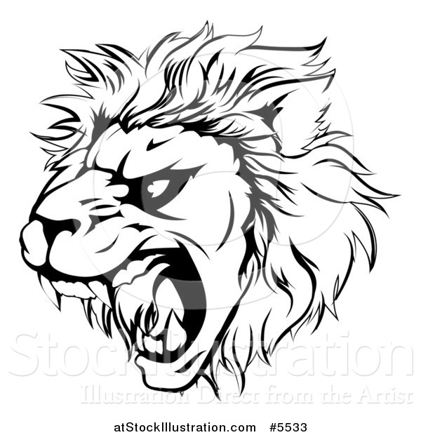 Vector Illustration of a Black and White Roaring Aggressive Lion Mascot Head