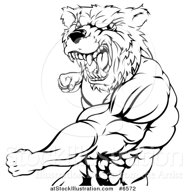 Vector Illustration of a Black and White Roaring Angry Muscular Bear Man Punching