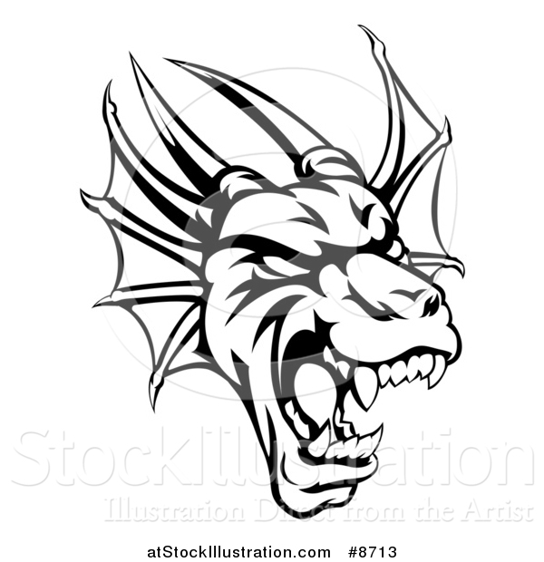 Vector Illustration of a Black and White Roaring Horned Dragon Mascot Head