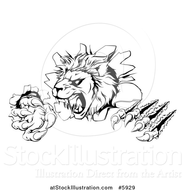 Vector Illustration of a Black and White Roaring Lion Mascot Head Shredding Through a Wall