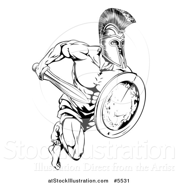 Vector Illustration of a Black and White Running Trojan Gladiator with a Shield and Sword