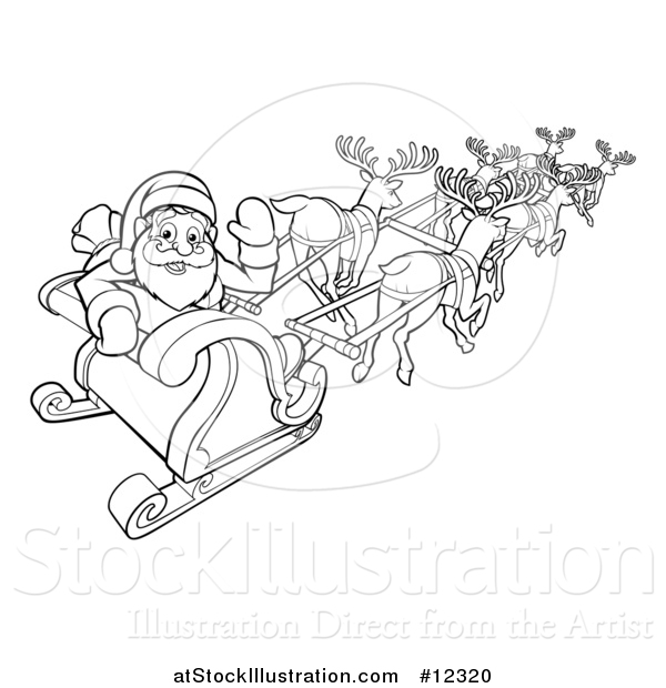 Vector Illustration of a Black and White Scene of Reindeer Flying Santa in a Sleigh