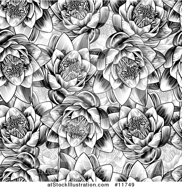 Vector Illustration of a Black and White Seamless Woodcut Styled Water Lily Lotus Flower Background