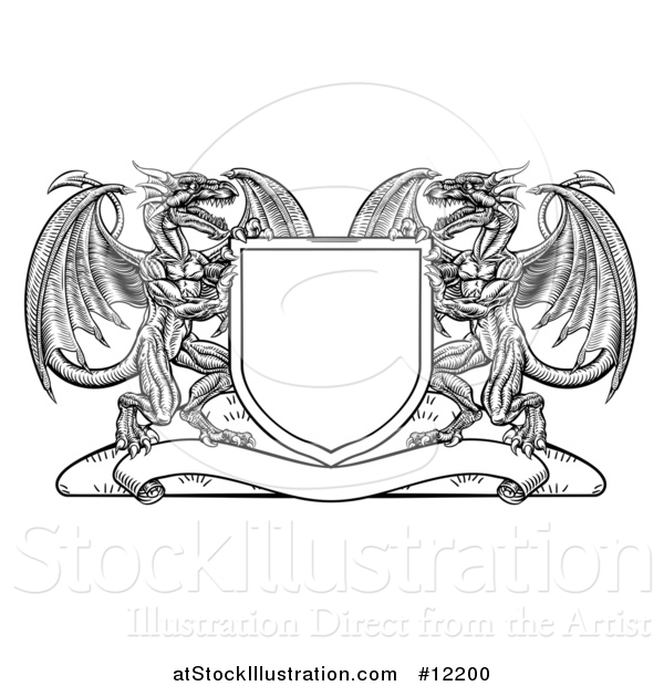 Vector Illustration of a Black and White Shield with Dragons