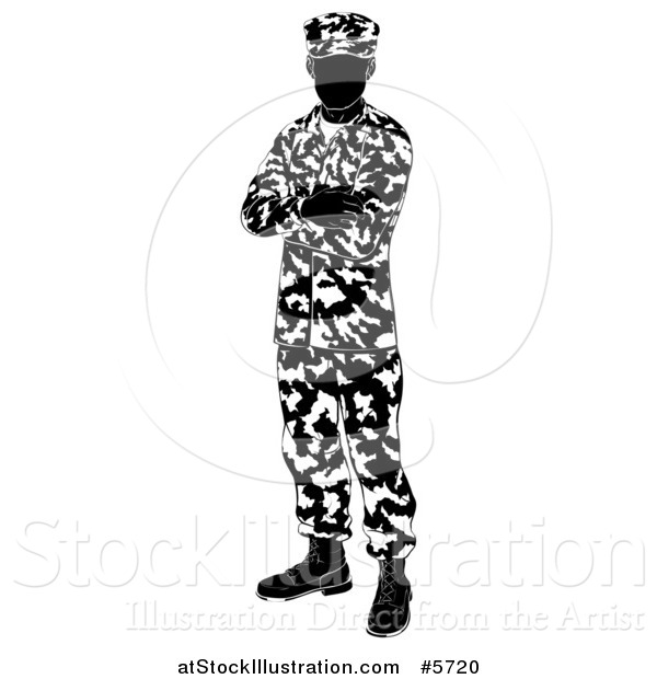 Vector Illustration of a Black and White Silhouetted Army Soldier Standing with Folded Arms