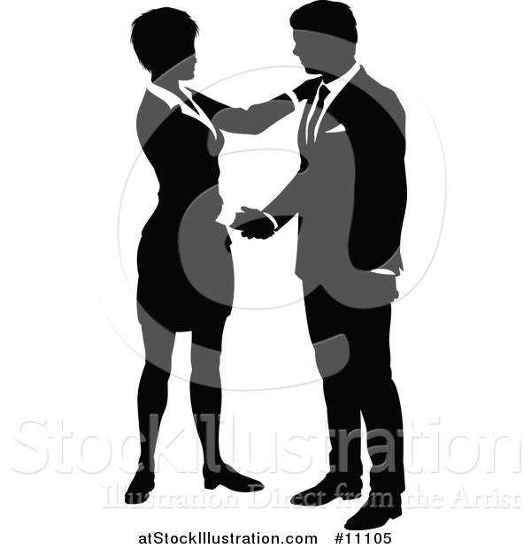 Vector Illustration of a Black and White Silhouetted Business Man and Woman Shaking Hands