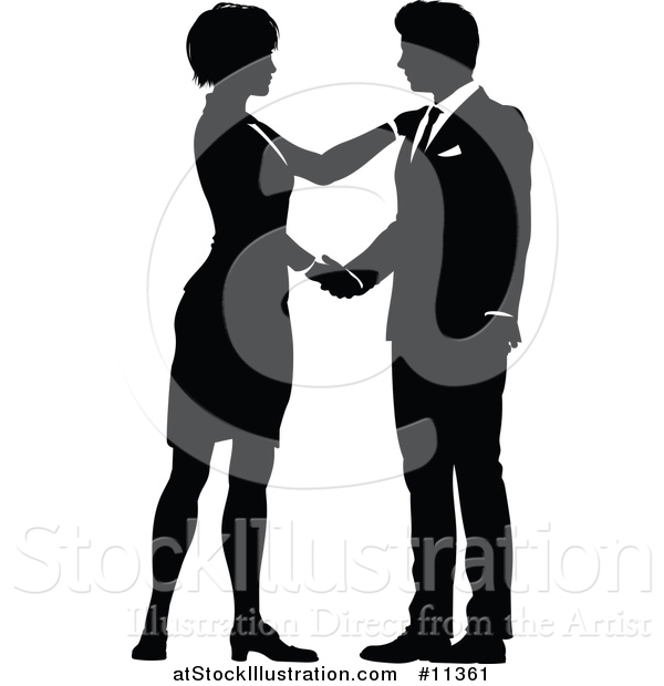 Vector Illustration of a Black and White Silhouetted Business Man and Woman Shaking Hands