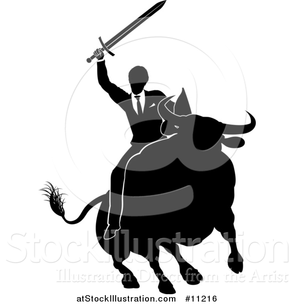 Vector Illustration of a Black and White Silhouetted Business Man Holding a Sword and Riding a Stock Market Bull