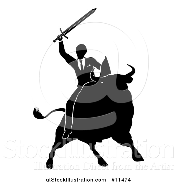 Vector Illustration of a Black and White Silhouetted Business Man Holding a Sword and Riding a Stock Market Bull