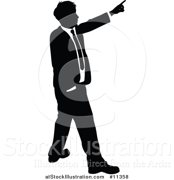 Vector Illustration of a Black and White Silhouetted Business Man Pointing