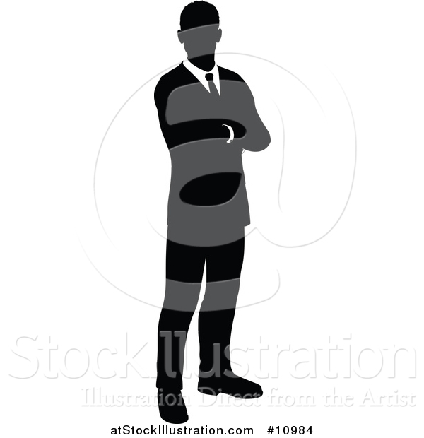 Vector Illustration of a Black and White Silhouetted Business Man Standing with Folded Arms