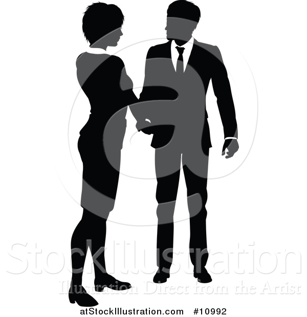 Vector Illustration of a Black and White Silhouetted Business Woman and Man Shaking Hands