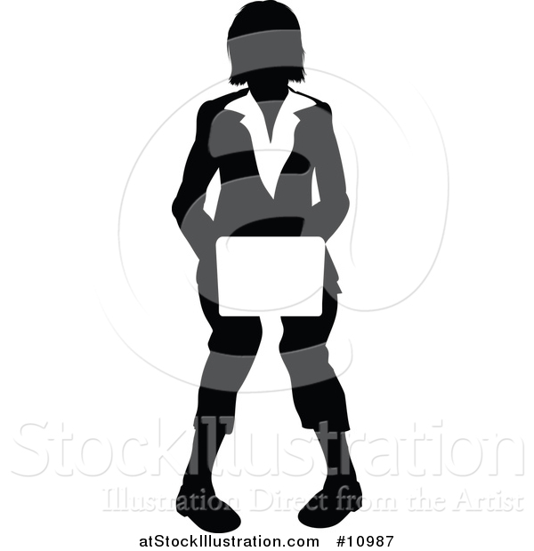 Vector Illustration of a Black and White Silhouetted Business Woman Sitting and Using a Laptop