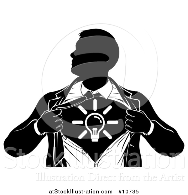 Vector Illustration of a Black and White Silhouetted Creative Super Hero Business Man Ripping His Shirt Open and Revealing a Light Bulb