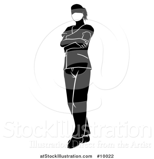 Vector Illustration of a Black and White Silhouetted Female Nurse, Doctor or Surgeon in Scrubs, Standing with Folded Arms