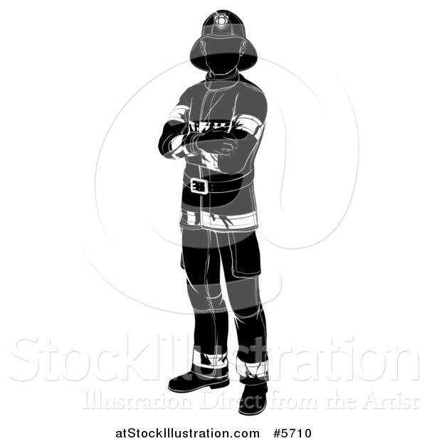 Vector Illustration of a Black and White Silhouetted Fireman Standing with Folded Arms