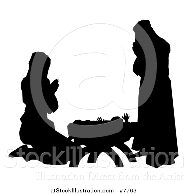 Vector Illustration of a Black and White Silhouetted Mary and Joseph Praying over Baby Jesus