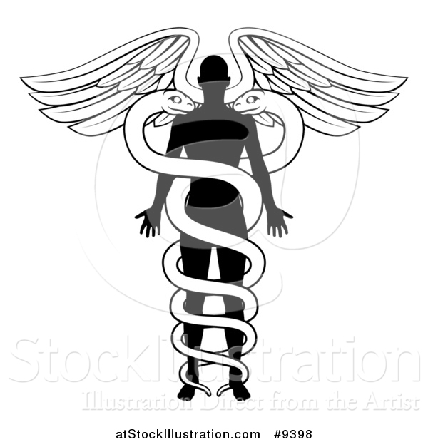 Vector Illustration of a Black and White Silhouetted Person As the Rod in a Medical Snake and Wing Caduceus
