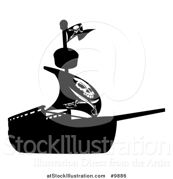 Vector Illustration of a Black and White Silhouetted Pirate Ship with a Jolly Roger Flag