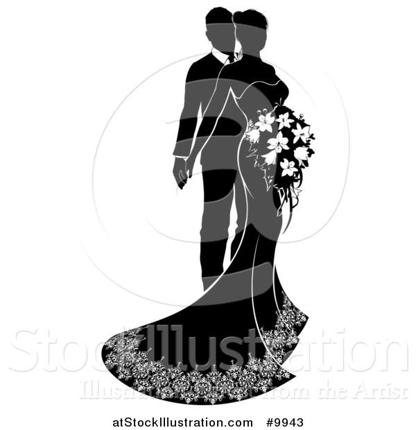 Vector Illustration of a Black and White Silhouetted Posing Bride and Groom