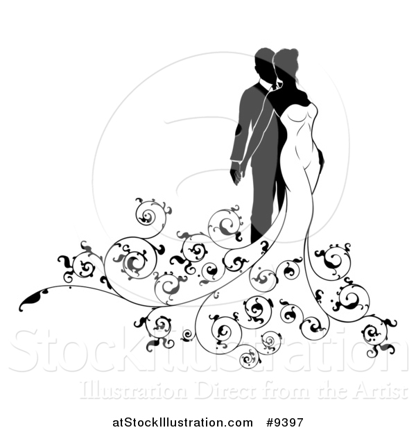 Vector Illustration of a Black and White Silhouetted Posing Bride and Groom with Swirls