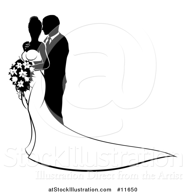 Vector Illustration of a Black and White Silhouetted Posing Wedding Bride and Groom