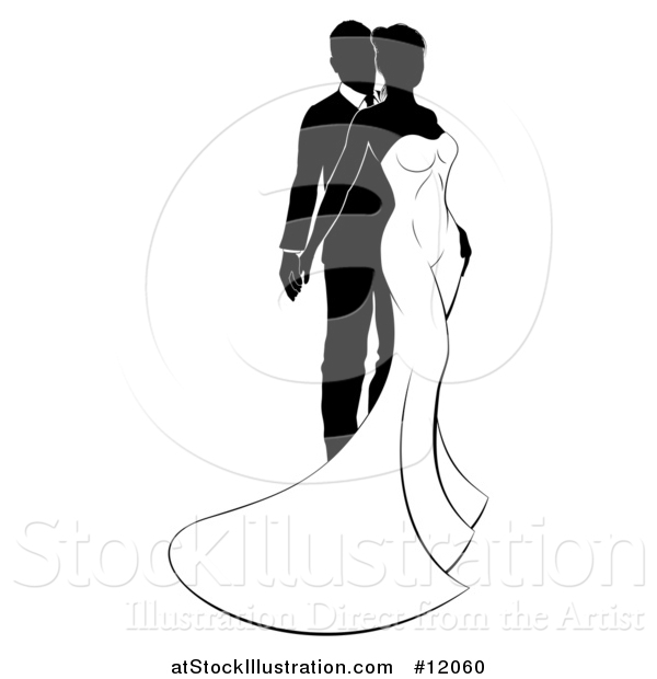 Vector Illustration of a Black and White Silhouetted Posing Wedding Bride and Groom