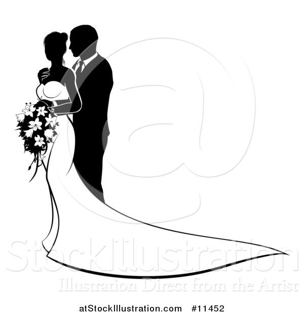 Vector Illustration of a Black and White Silhouetted Posing Wedding Bride and Groom with a Bouquet