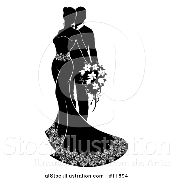 Vector Illustration of a Black and White Silhouetted Posing Wedding Bride and Groom with a Bouquet