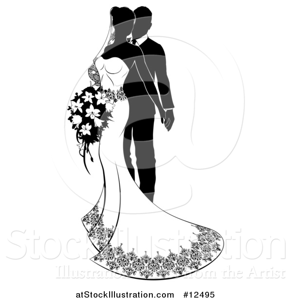 Vector Illustration of a Black and White Silhouetted Posing Wedding Bride and Groom with a Bouquet