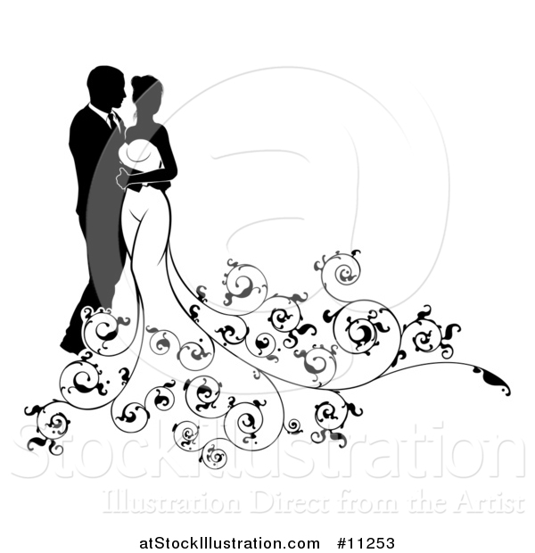 Vector Illustration of a Black and White Silhouetted Posing Wedding Bride and Groom with Floral Swirls