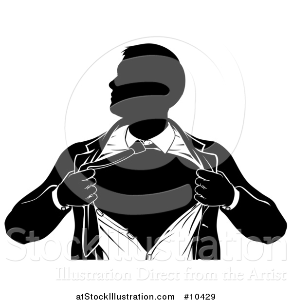 Vector Illustration of a Black and White Silhouetted Strong Business Man Super Hero Ripping off His Suit