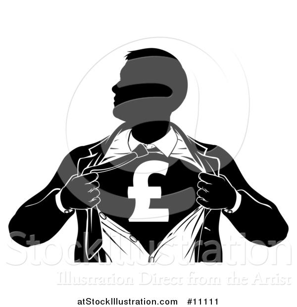 Vector Illustration of a Black and White Silhouetted Strong Business Man Super Hero Ripping off His Suit, Revealing a Pound Currency Symbol
