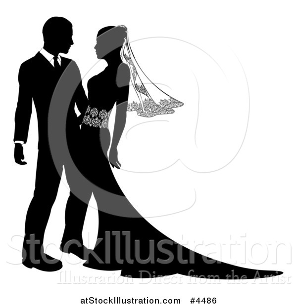 Vector Illustration of a Black and White Silhouetted Wedding Couple Embracing