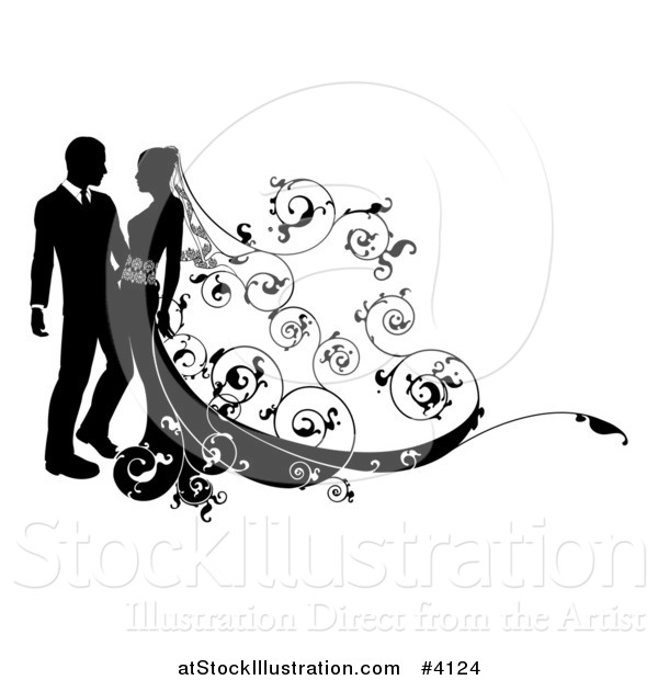 Vector Illustration of a Black and White Silhouetted Wedding Couple with Ornate Swirls