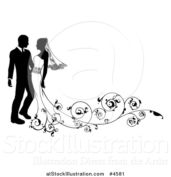 Vector Illustration of a Black and White Silhouetted Wedding Couple with Ornate Swirls