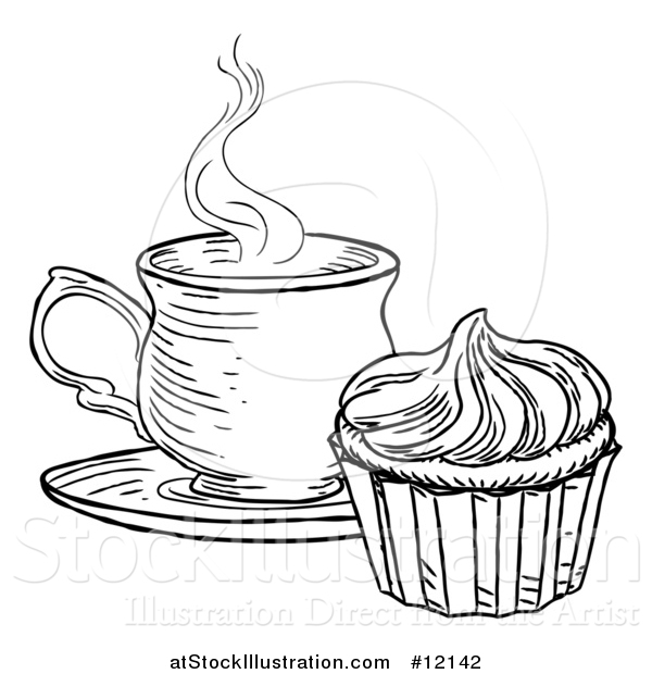 Vector Illustration of a Black and White Sketched Cupcake and Tea or Coffee