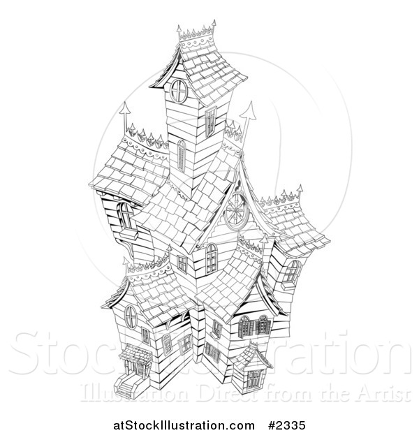 Vector Illustration of a Black and White Sketched Haunted House