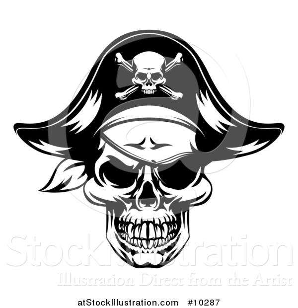 Vector Illustration of a Black and White Skull Wearing an Eye Patch and Pirate Hat