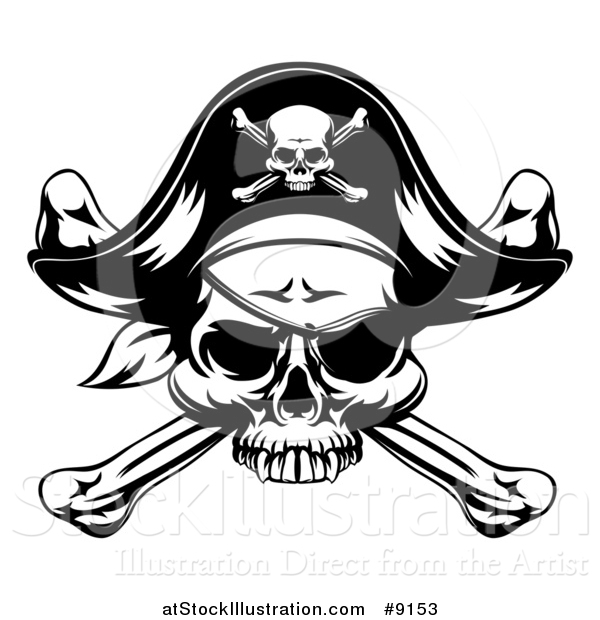 Vector Illustration of a Black and White Skull Wearing an Eye Patch and Pirate Hat over Crossbones