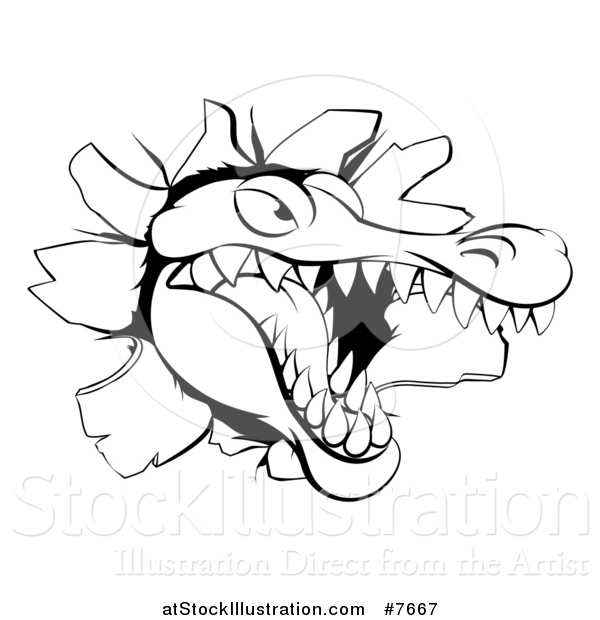 Vector Illustration of a Black and White Snapping Alligator or Crocodile Head Breaking Through a Wall