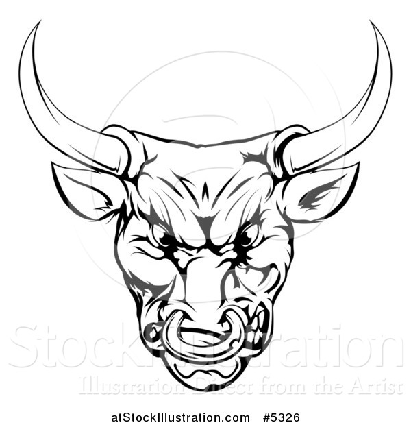 Vector Illustration of a Black and White Snarling Aggressive Bull Mascot Head