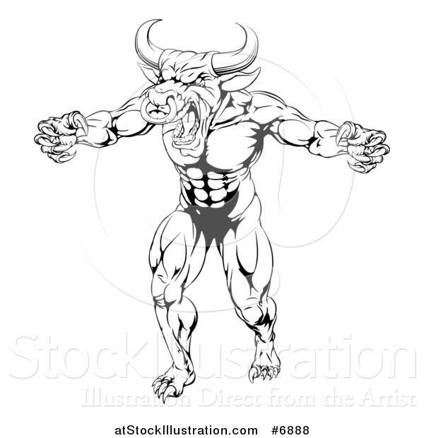 Vector Illustration of a Black and White Snarling Bull Man Minotaur Monster Mascot Attacking