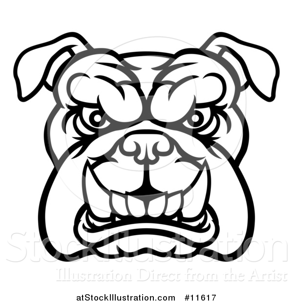 Vector Illustration of a Black and White Snarling Bulldog Face