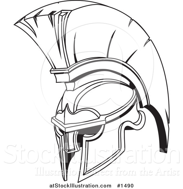 Vector Illustration of a Black and White Spartan or Trojan Helmet, Part of Body Armor