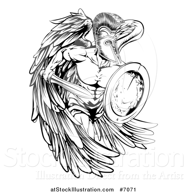 Vector Illustration of a Black and White Spartan Trojan Warrior Angel Running with a Sword and Shield