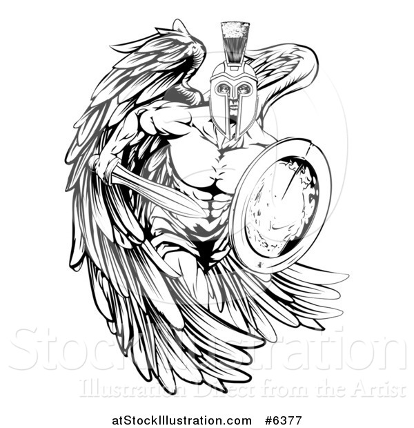 Vector Illustration of a Black and White Spartan Trojan Warrior Guardian Angel with a Sword and Shield
