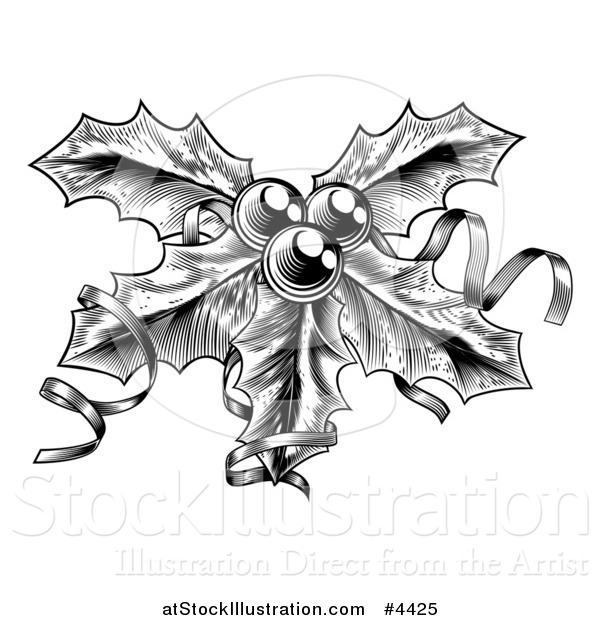 Vector Illustration of a Black and White Sprig of Christmas Holly with Ribbons